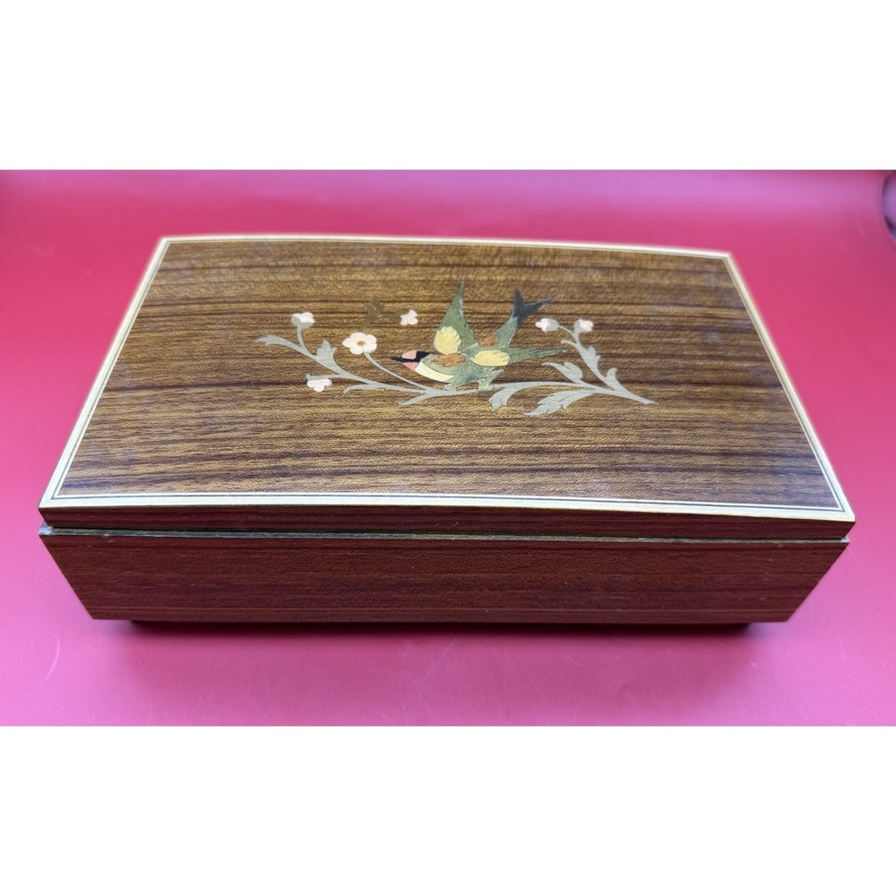 Vintage Reuge Swiss Musical Movement Box Italian Edelweiss Song Wood Bird Floral